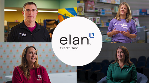 The image is split into four quadrants, each containing a picture of a different person speaking. In the center is a white circle with an Elan Credit Card logo.